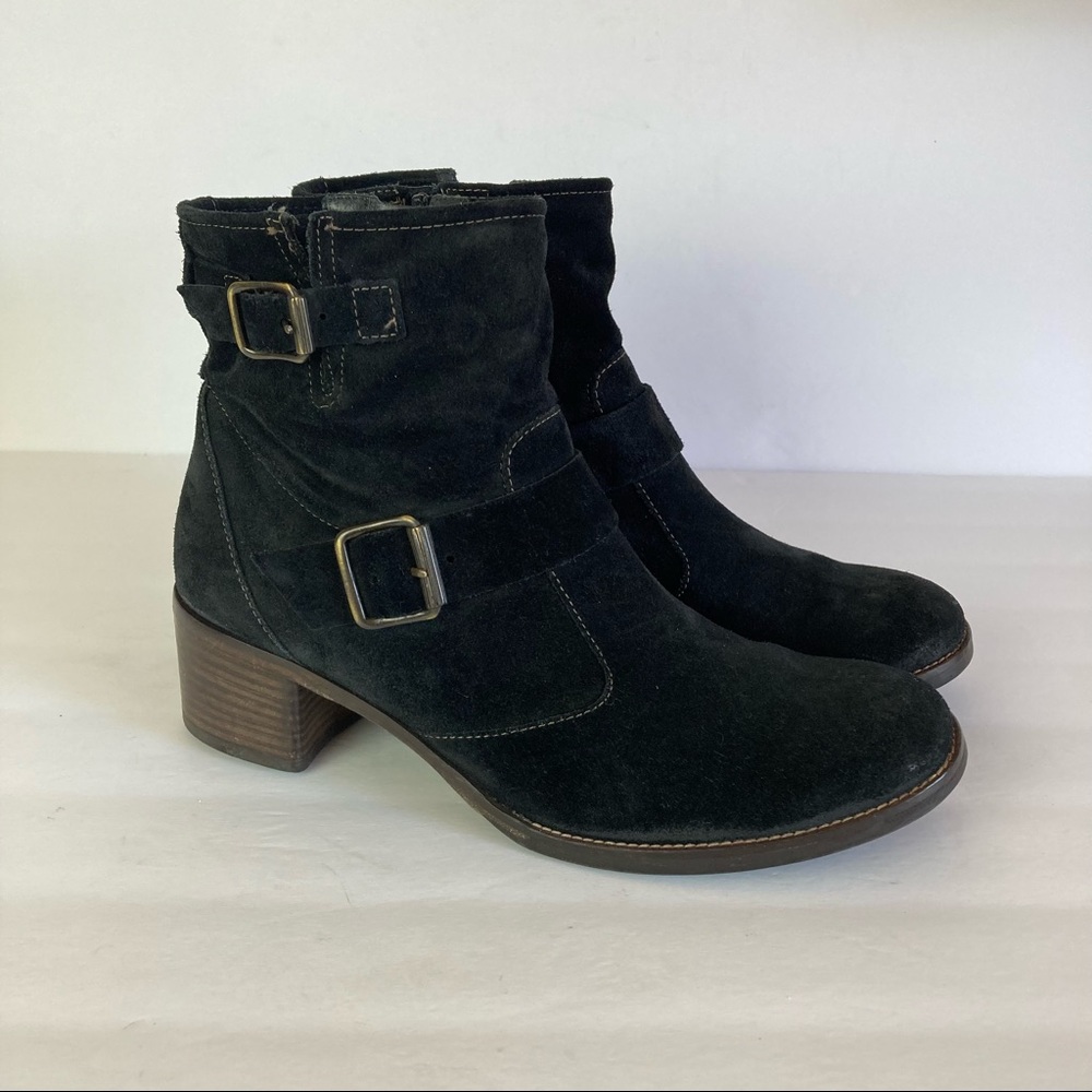Paul Green Black Suede Ankle Boots Harness Buckles Size 7.5